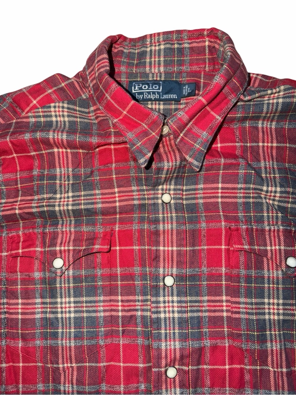 Polo Ralph Lauren Western Snap Flannel Shirt Red Tartan Plaid Men’s Large - Picture 2 of 9